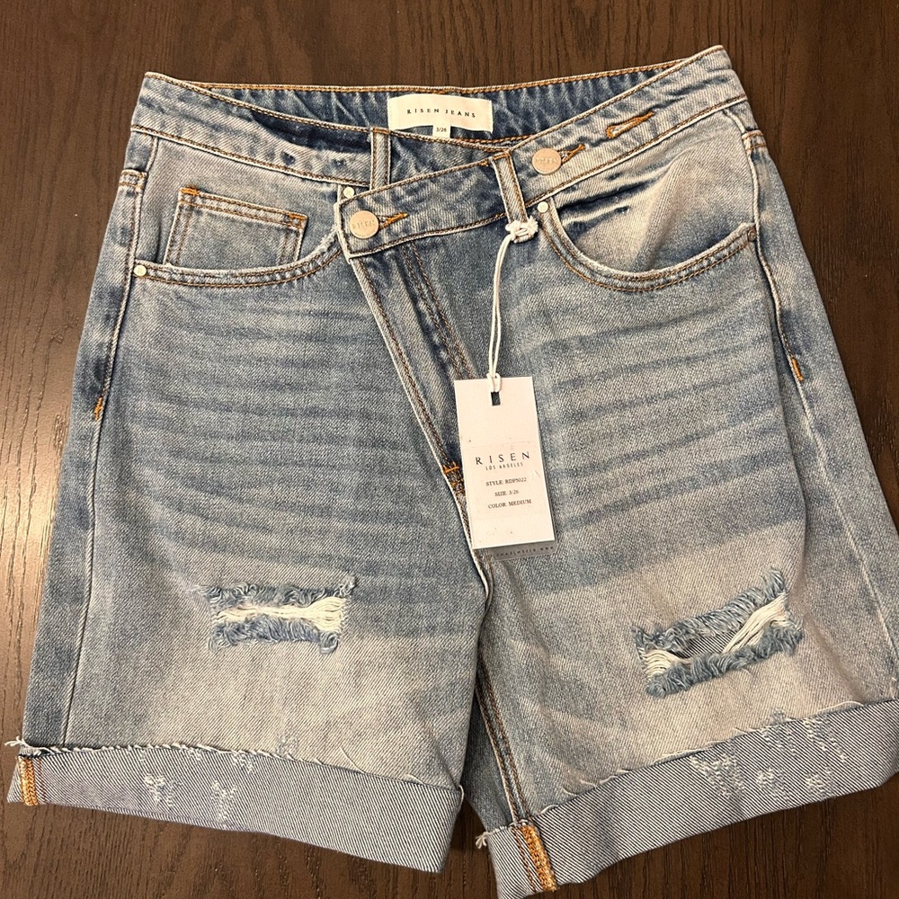 Risen Light Blue Distressed Rolled-Hem Denim Bermuda Shorts